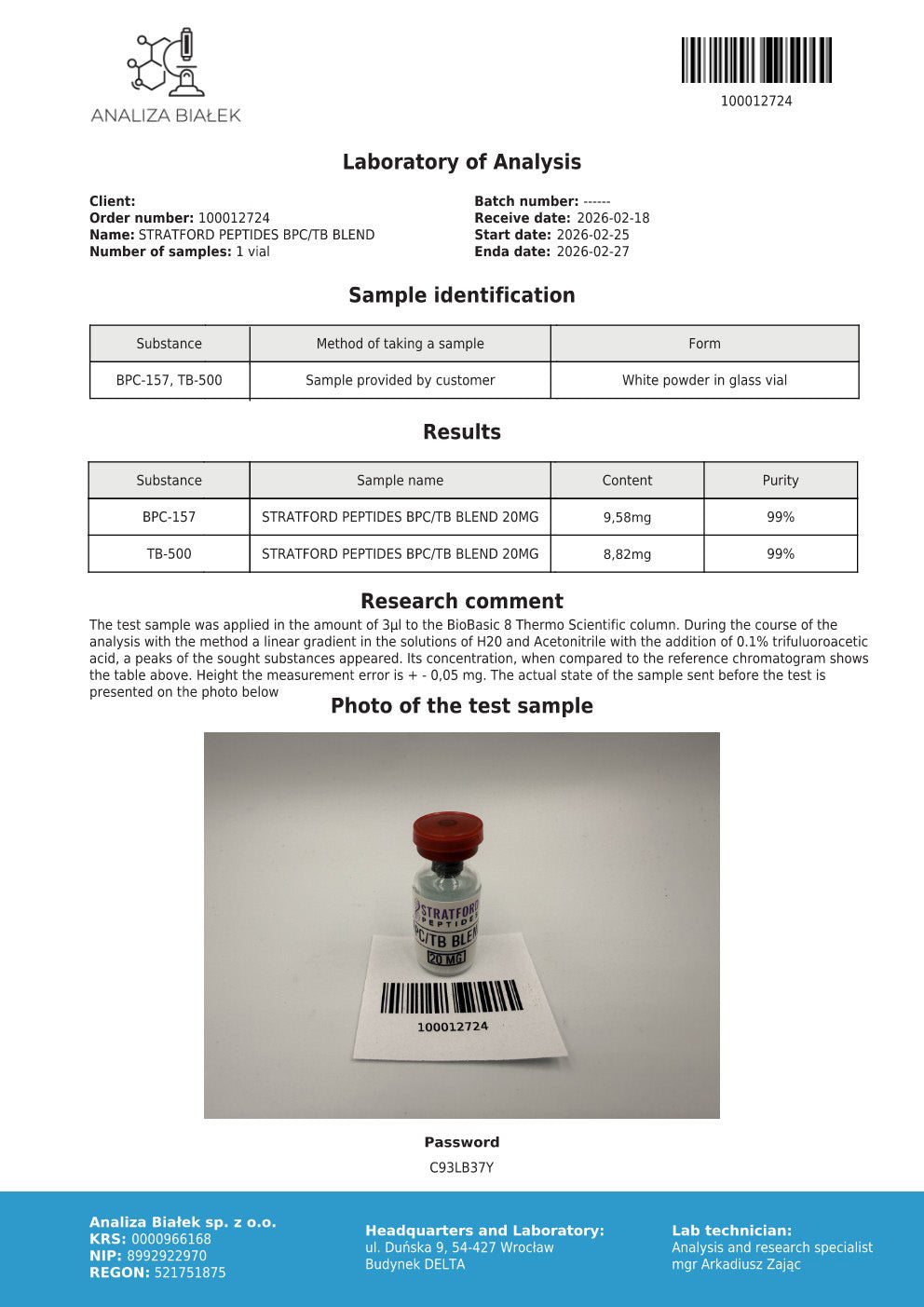 White lab report for BPC-157/TB500 blend with a small glass vial and barcode.