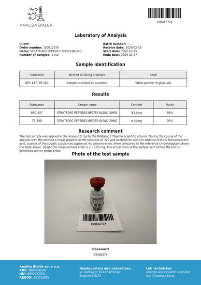 White lab report for BPC-157/TB500 blend with a small glass vial and barcode.