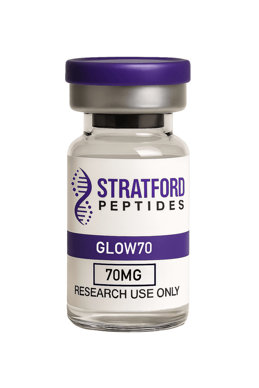 Glow70 70mg labelled research peptide vial with lyophilised powder