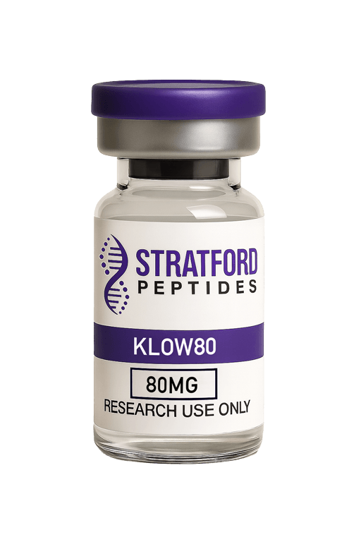 Stratford Peptides KLOW80 80mg research-grade peptide blend in a clear glass vial with a purple cap.