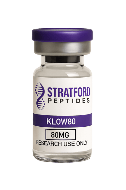 Stratford Peptides KLOW80 80mg research-grade peptide blend in a clear glass vial with a purple cap.