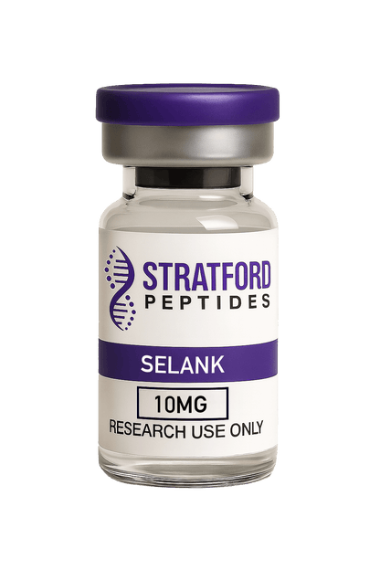 Stratford Peptides Selank 10mg research-grade peptide vial with purple cap and white label.