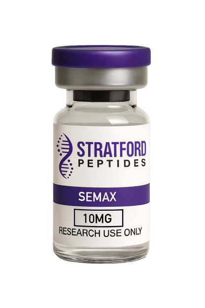 Stratford Peptides Semax 10mg research-grade peptide vial with purple cap and label.
